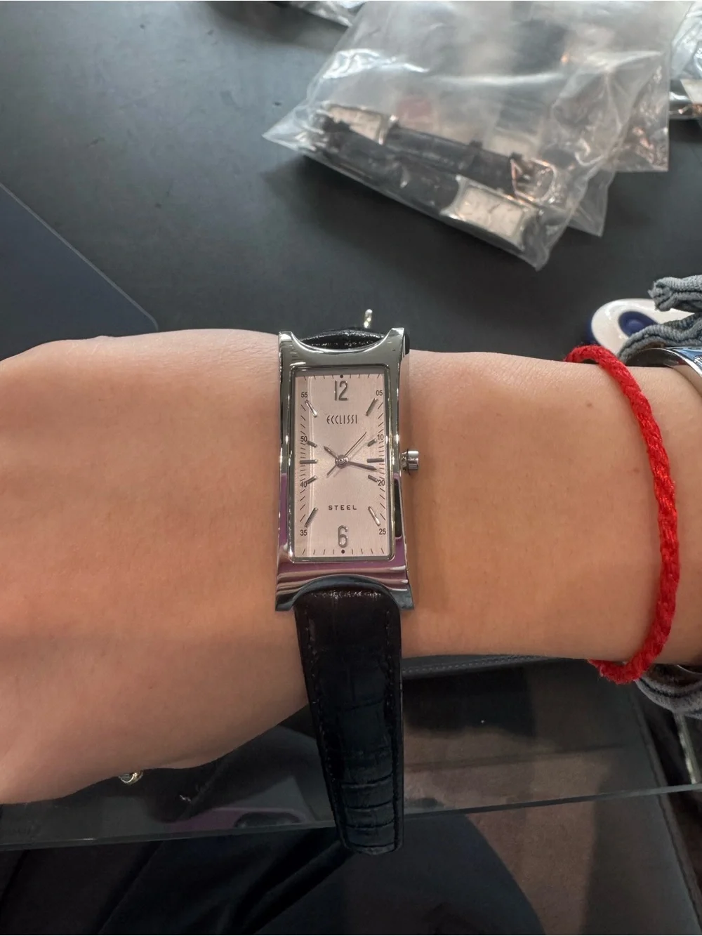 New Eclissi Stainless Steel Rectangular Watch with Black Leather Strap